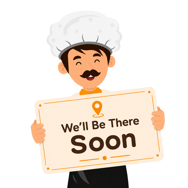 Illustration of a ChefKart cook holding a sign reading “We’ll be there soon”